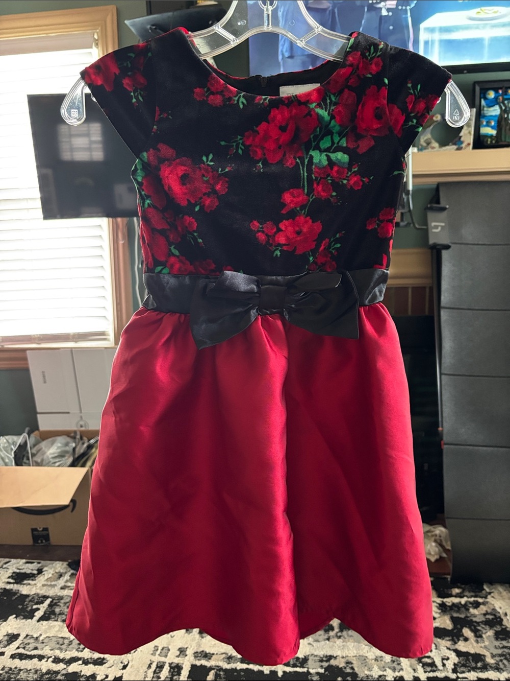 Place Red and Black Floral Velvet Bodice Dress with Black Bow